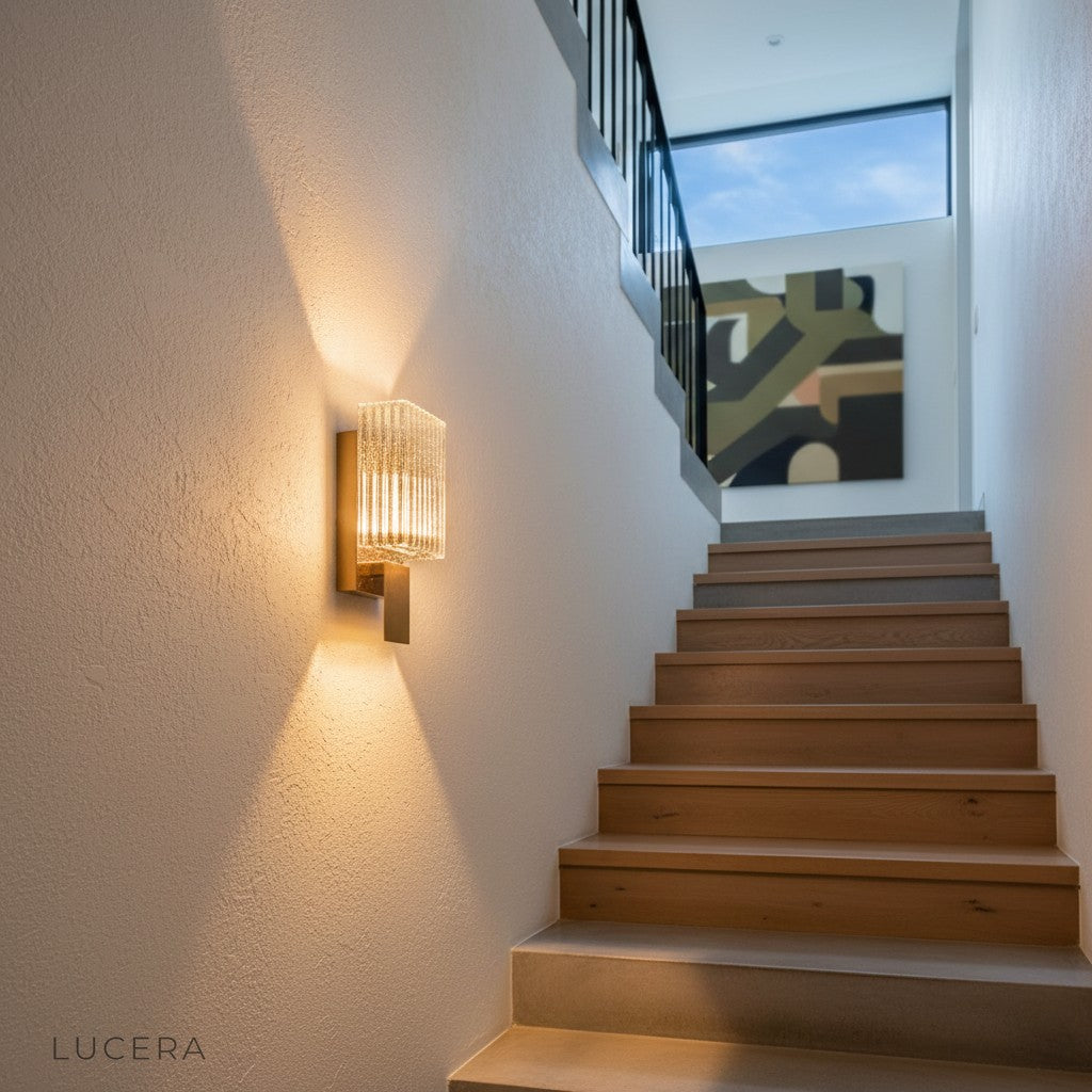 Slargando crystal LED sconce in dining room accent wall, elegant dinner party setting