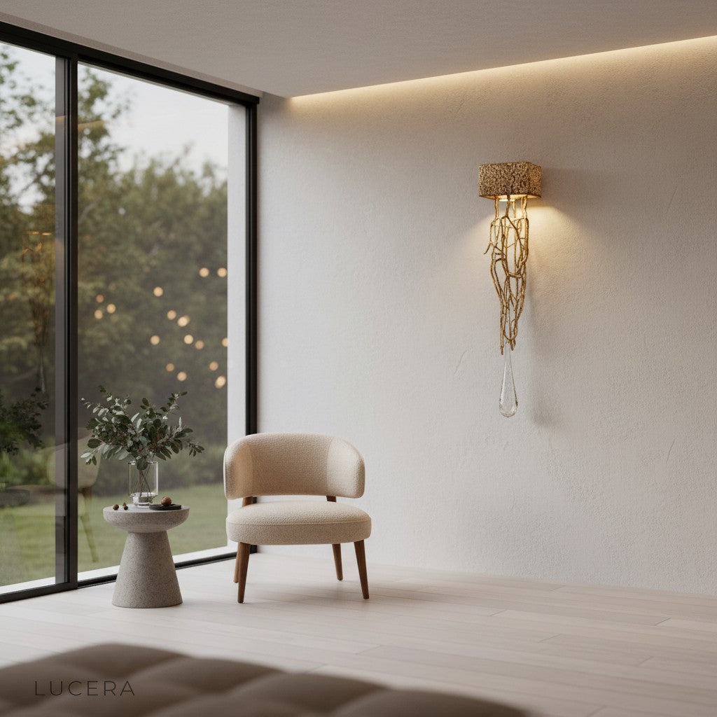 Rallentando crystal copper wall lamp in dim ambient hallway creating dramatic shadow patterns