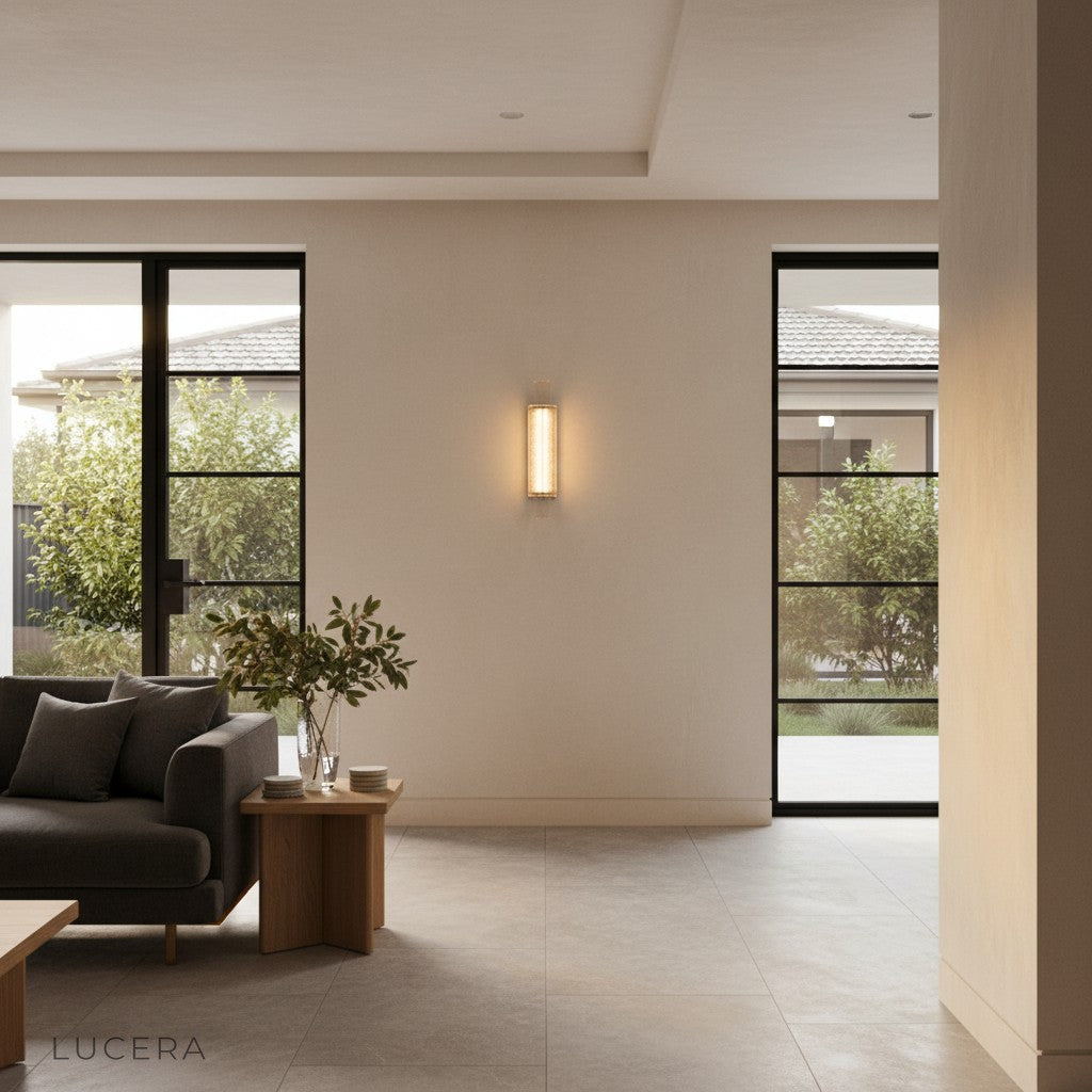 Accelerando lamp in minimalist lounge with cool white light and crystal sparkle