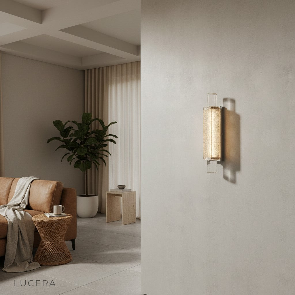 elegant crystal wall light above sofa in contemporary living space