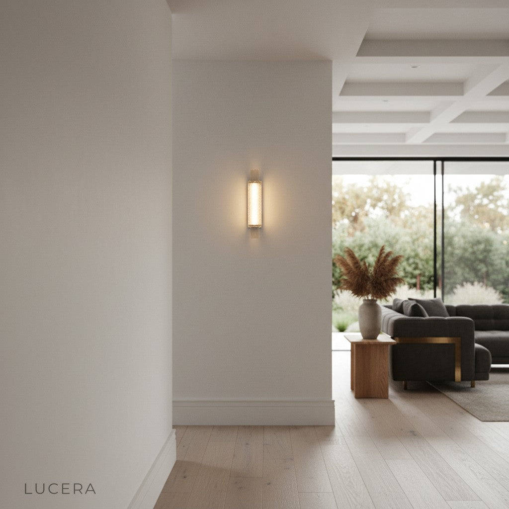 ambient evening shot of LED crystal lamp enhancing modern bedroom decor
