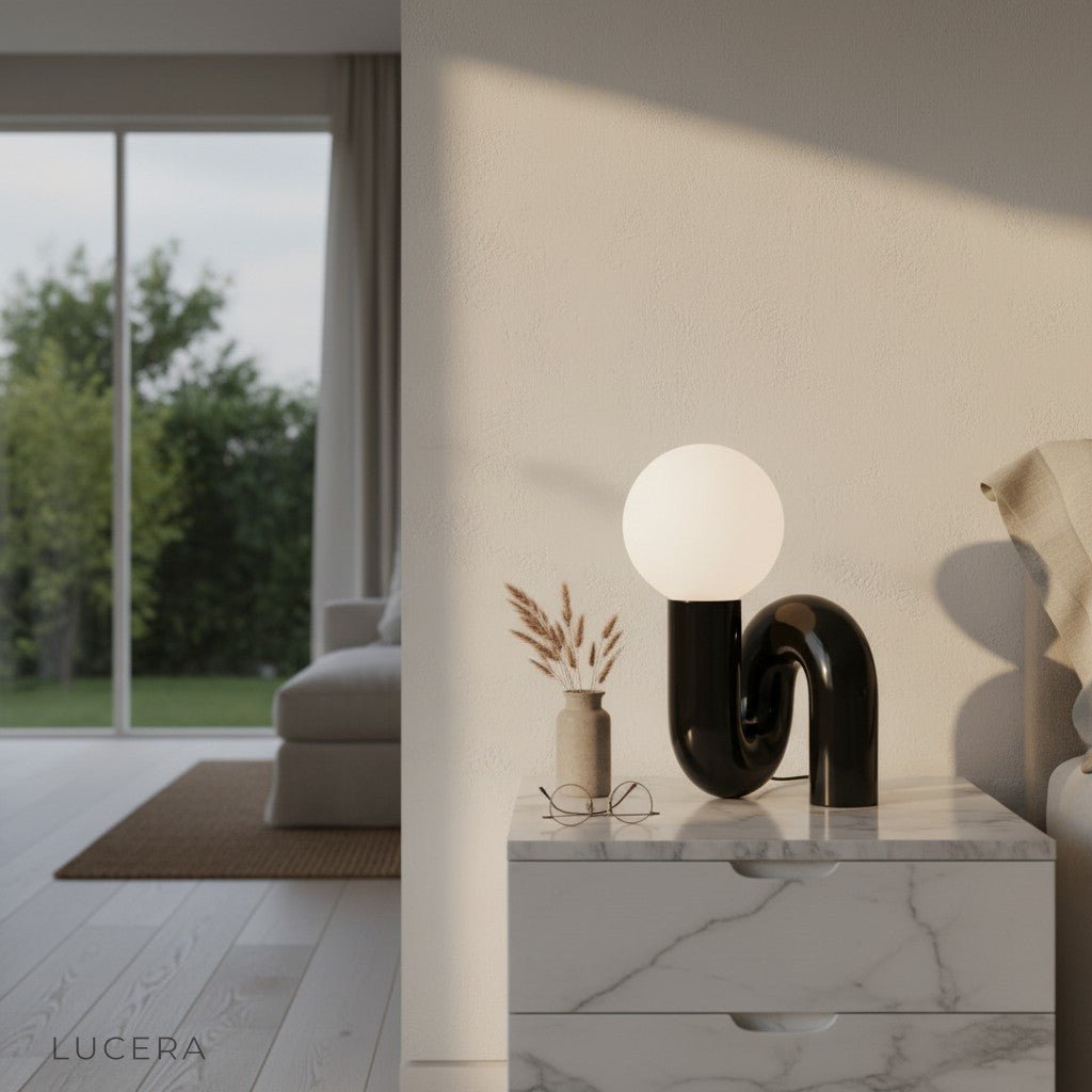 close-up detail of spherical glass shade casting soft light on resin U-base of Precipitando