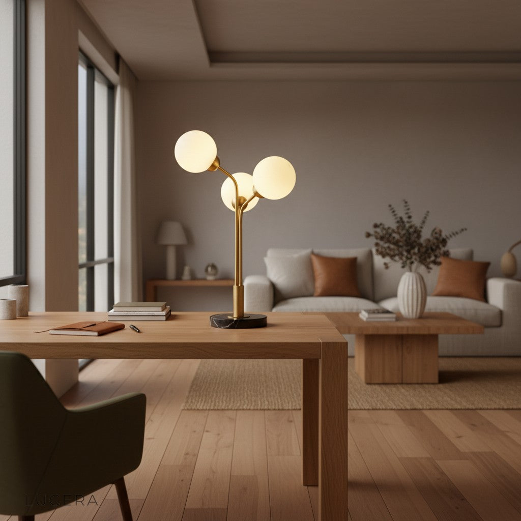tri-shape marble lamp casting soft glow in cozy evening interior setting