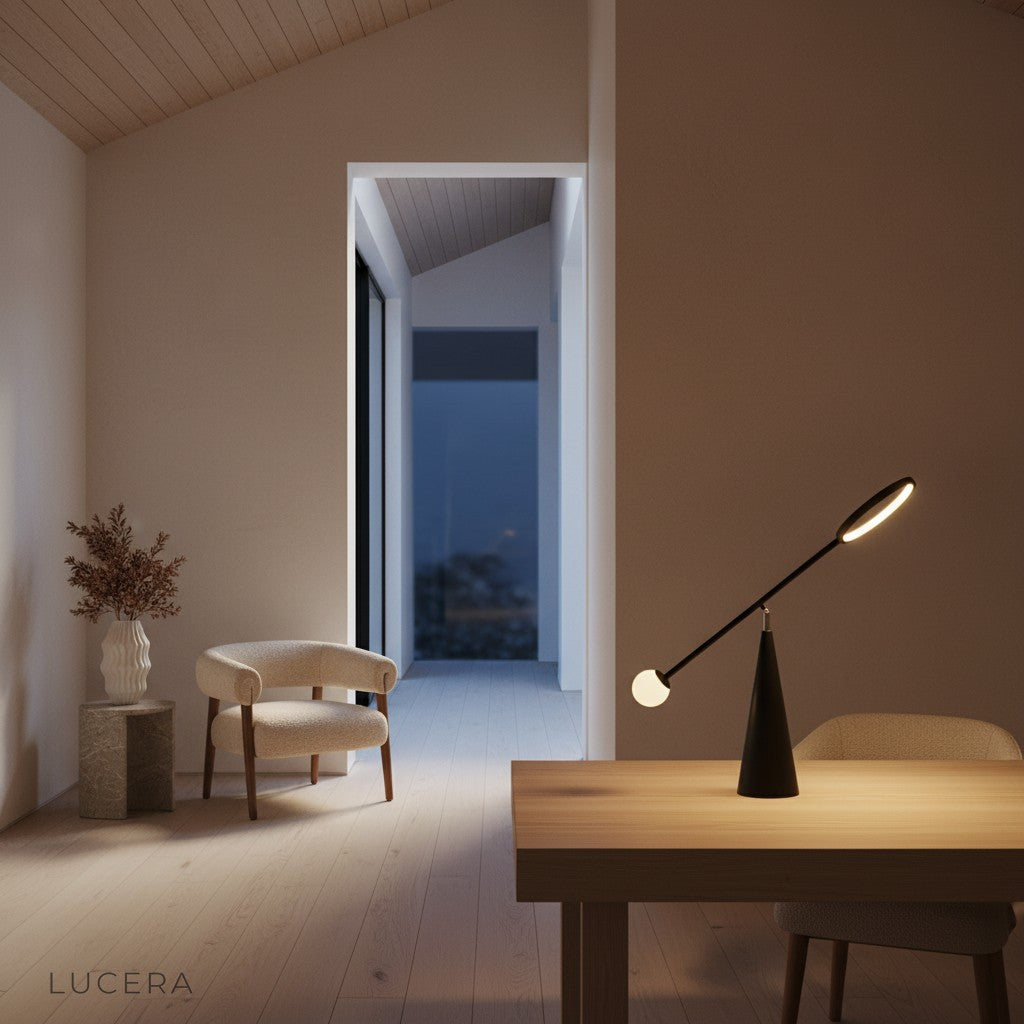 nighttime lifestyle view of Lucera Grazia lamp on a living room side table with ambient shadows