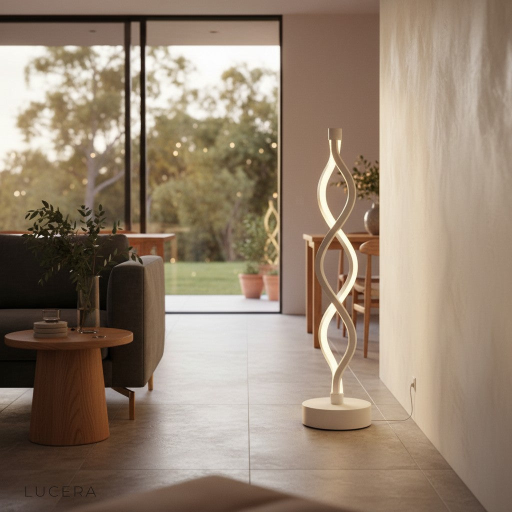 Tristezza minimalistic lamp on marble desk in home office with soft ambient light