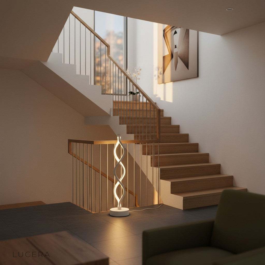 Spiral LED sconce casting warm light on dark wooden shelf in minimalist hallway
