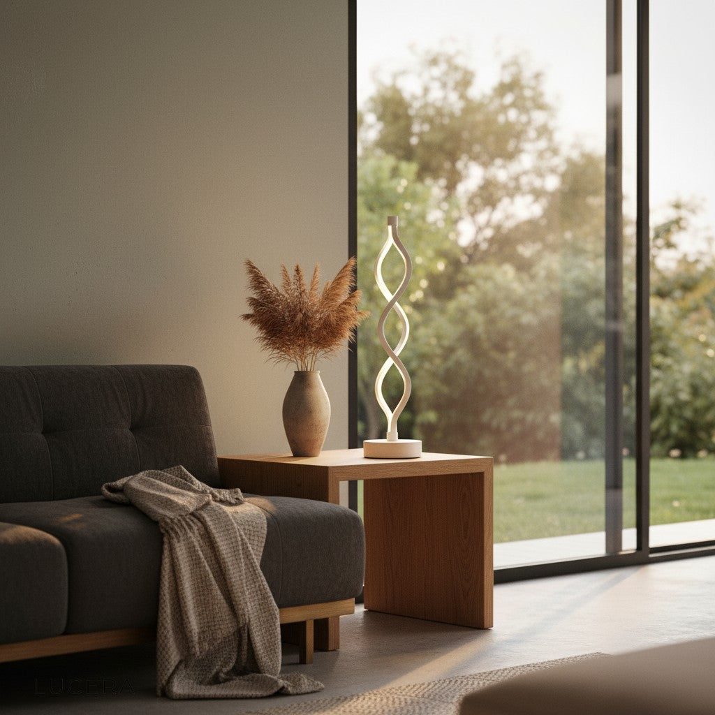 Tristezza table lamp with flexible spiral arm bent slightly, studio detail shot