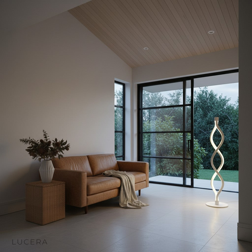 Spiral aluminum table lamp on entryway console with soft natural light from window