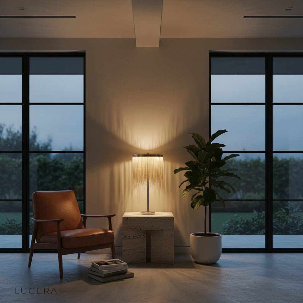 Oscurita nightstand lamp casting inviting glow in minimalist hotel room