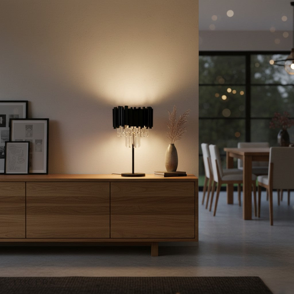 black and clear crystal lamp illuminated at dusk on wooden nightstand with soft shadows