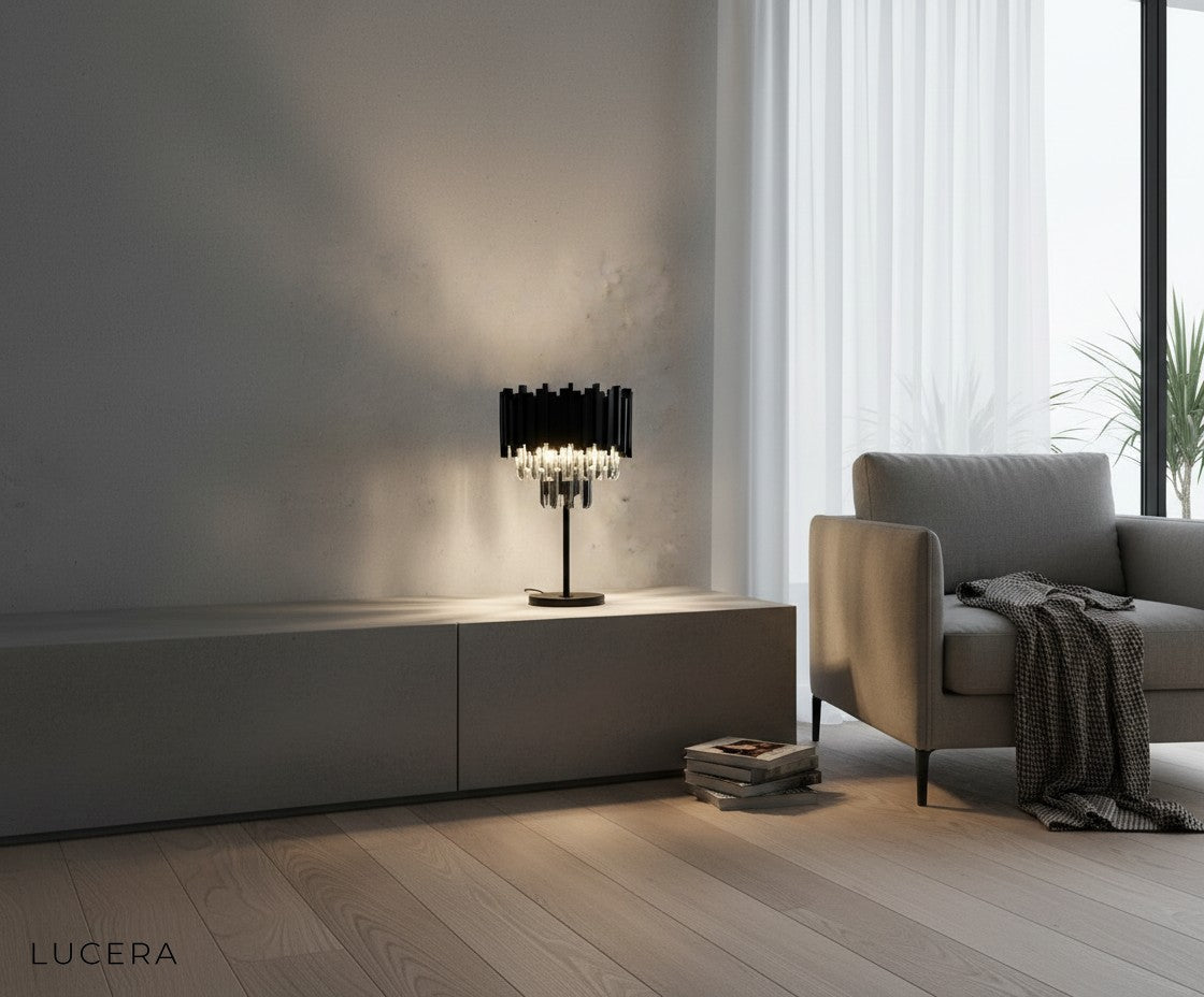 smoky grey crystal accents sparkling on dimmable table lamp in dark glamorous setting