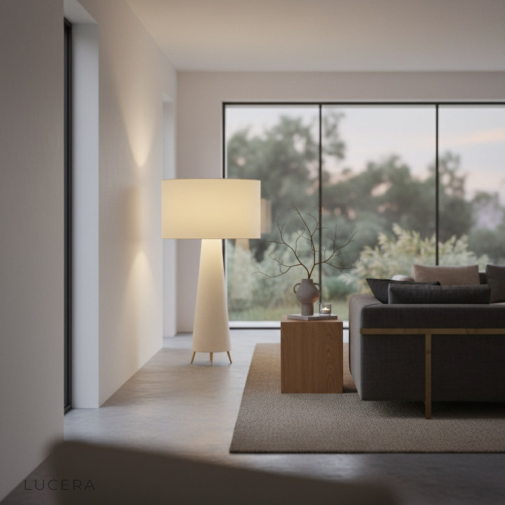Quarters Floor Lamp beside a sofa in an open-plan living area highlighting its ambient glow and sculptural form