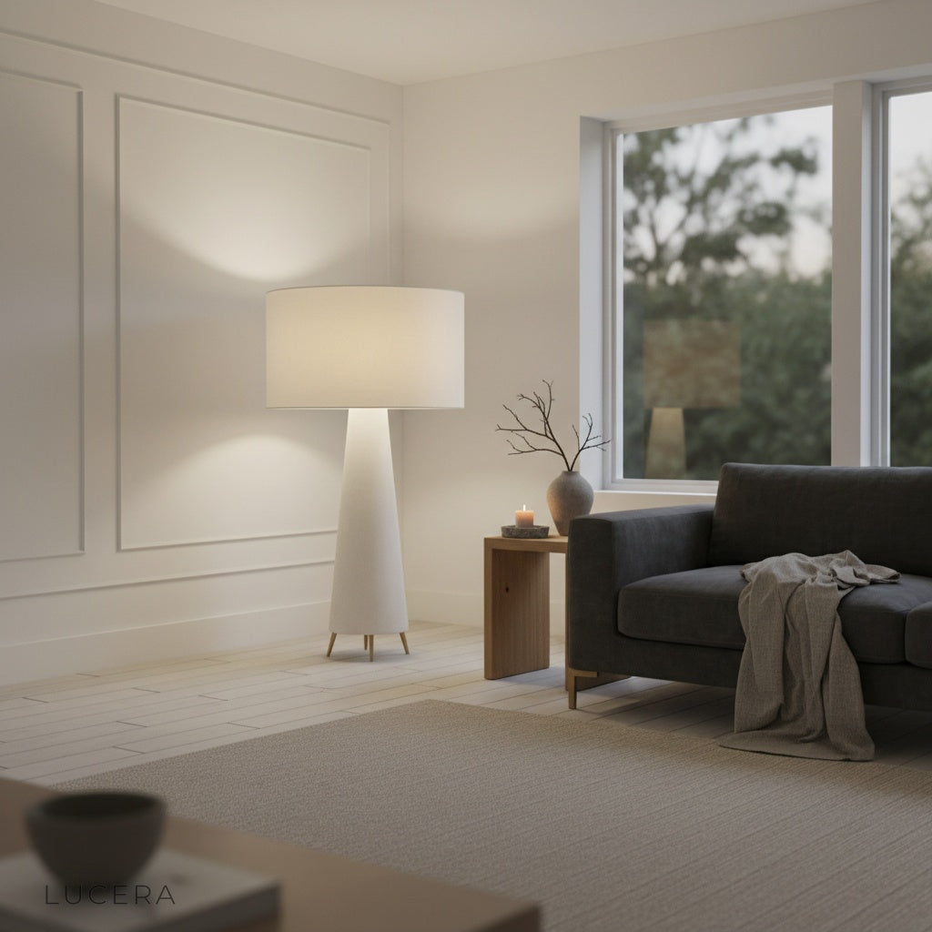 Quarters Floor Lamp in a minimalist office space with warm light enhancing the calm work-from-home setting