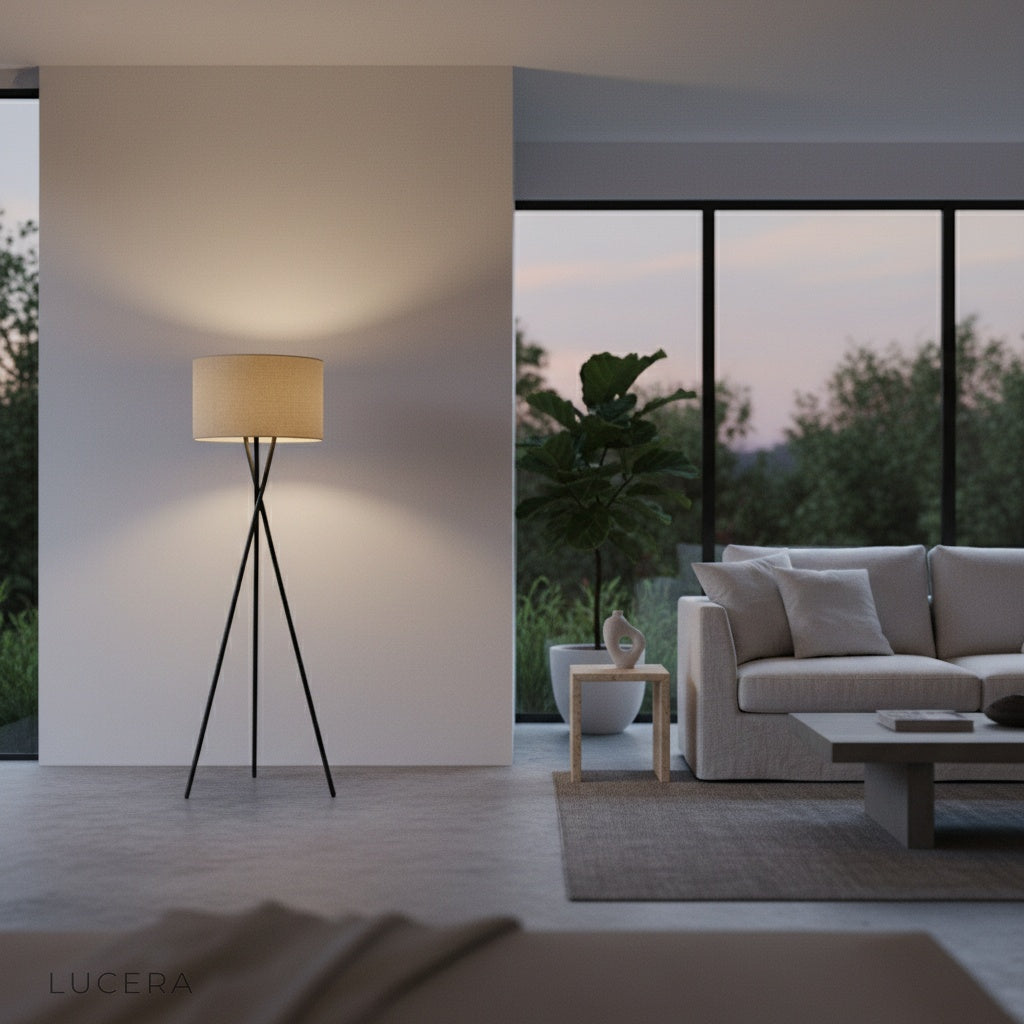 Venus Floor Lamp beside a dining table creating inviting evening atmosphere