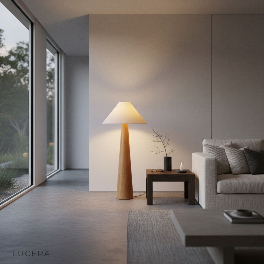 Lucera Japanese-style floor lamp in bedroom corner with warm bedside lighting