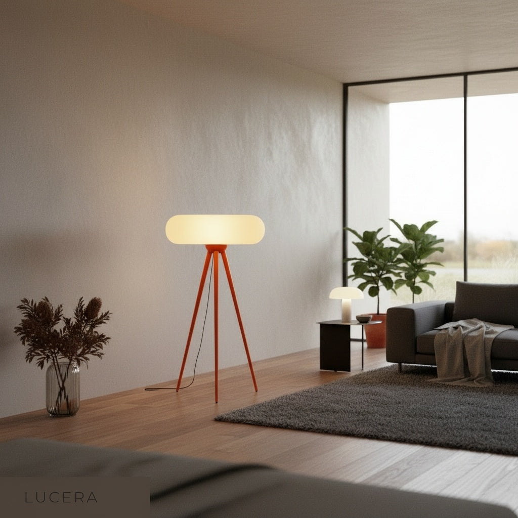Close-up of Juncture Floor Lamp wide disc PVC lampshade and solid wood joints
