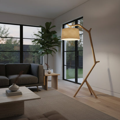Cantilever floor lamp in bedroom corner with gentle diffused light for evening reading