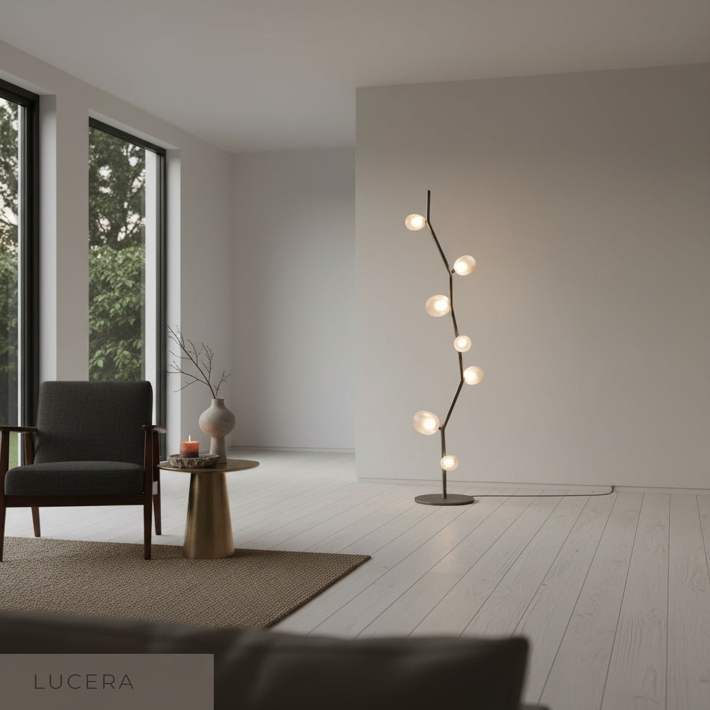Zig-zag iron frame floor lamp with three round glass globes studio view