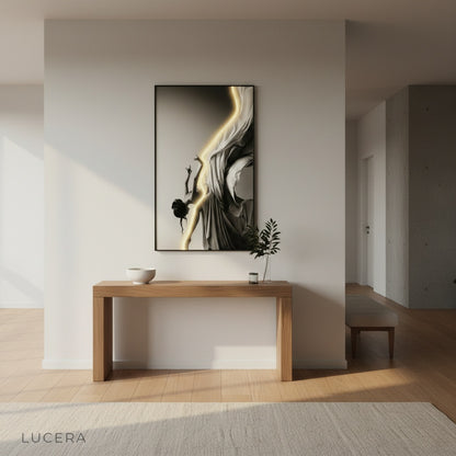 nighttime ambiance with illuminated dancer art in cozy reading nook