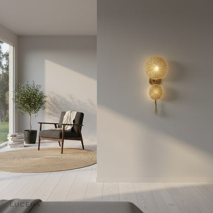 Sacro illuminated art lamp as ambient nightlight on bedroom nightstand with warm glow