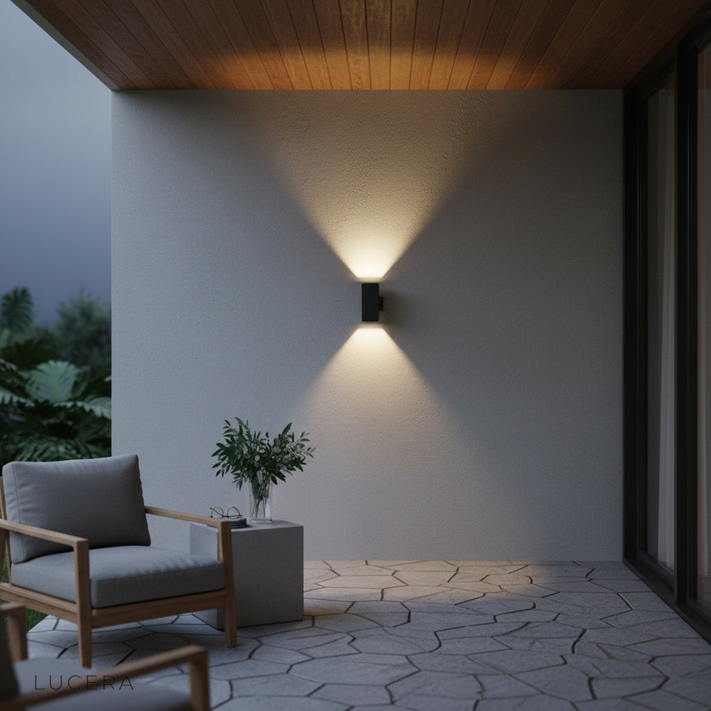 front view of the quiet outdoor wall lamp with a clean geometric rectangular shade