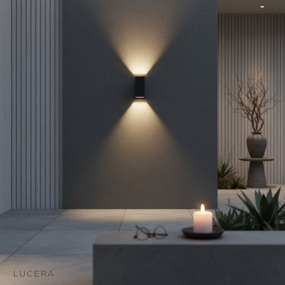 close-up of the lamp's brushed aluminum surface and warm LED light diffuser
