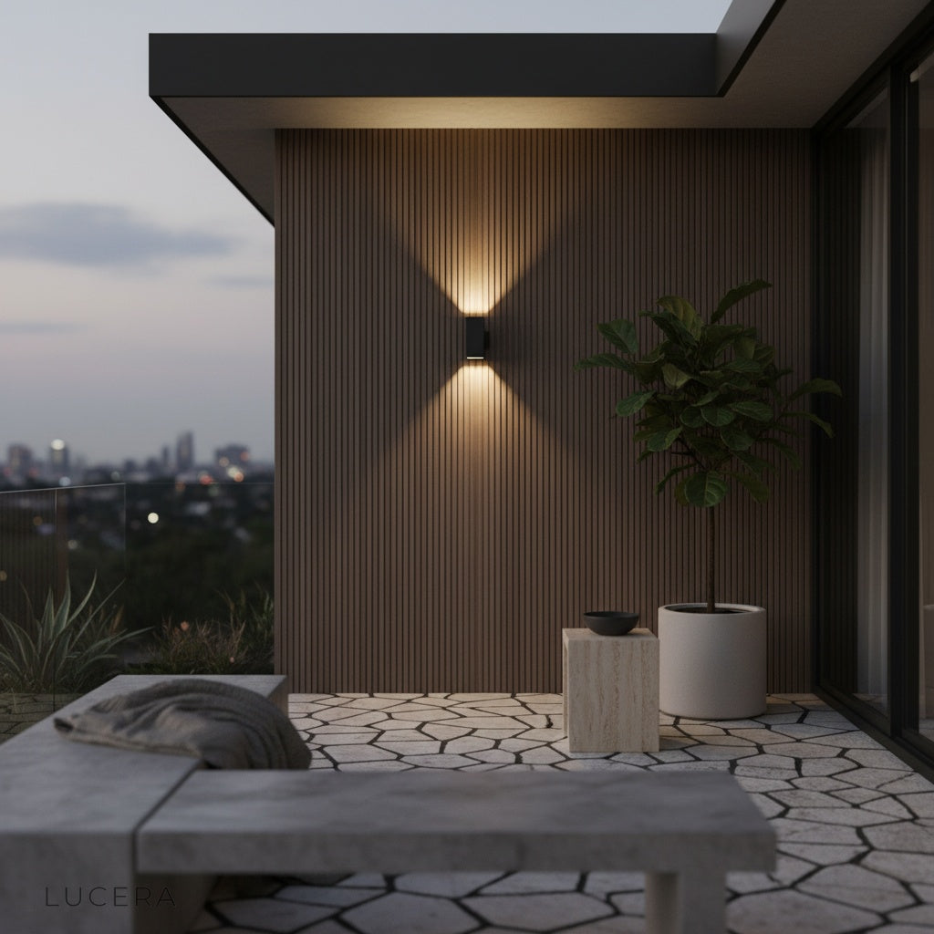 white finish variant of the wall lamp against a dark brick exterior wall