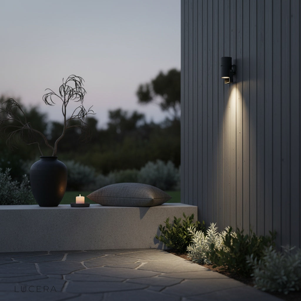 black finish outdoor spotlight mounted on brick wall casting warm light beam