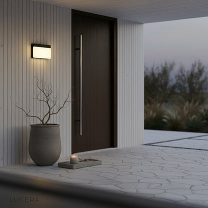 close-up of sleek aluminum frame and frosted PC diffuser of outdoor lamp