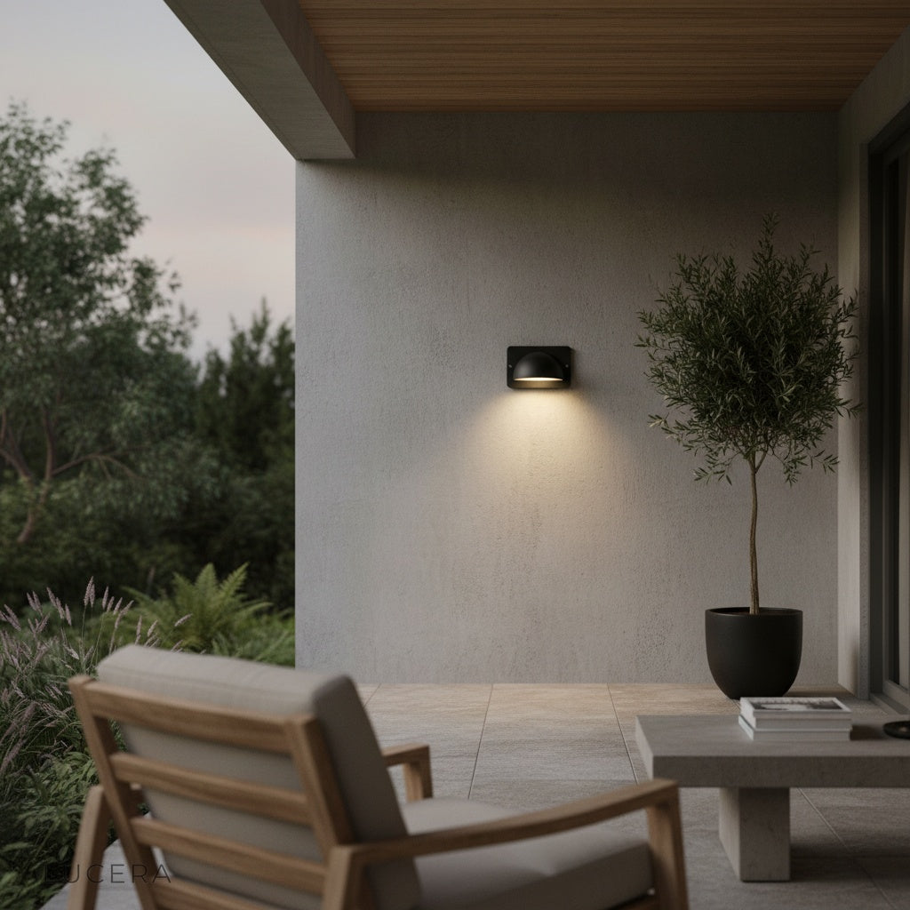 front view of compact round outdoor sconce mounted on neutral stucco wall