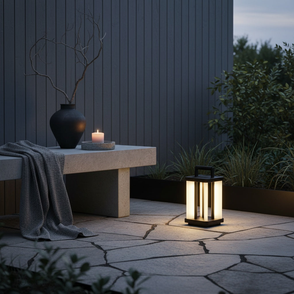 warm glowing Unction lamp casting architectural light on a garden wall at night