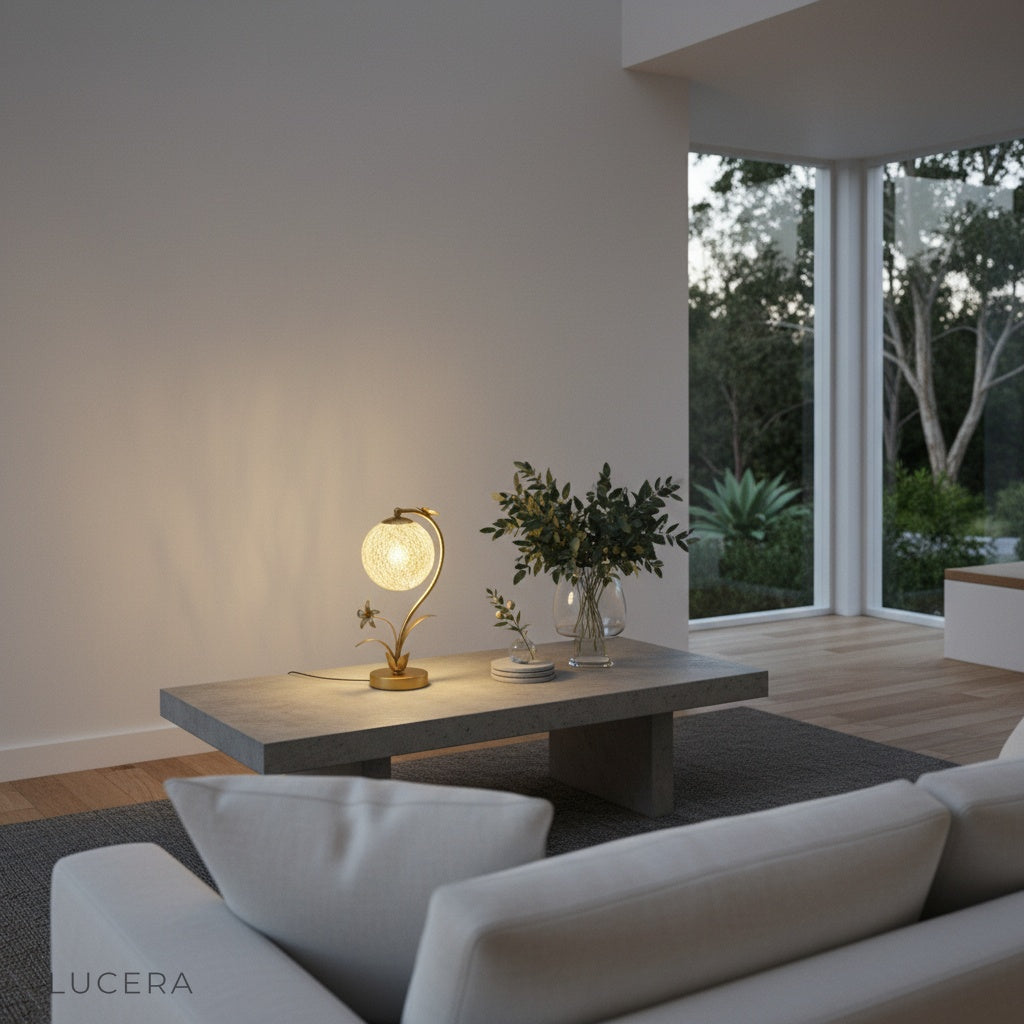 Domenica Table Lamp on wooden bedside table in soft morning light, romantic bedroom setting