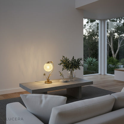 Domenica Table Lamp on wooden bedside table in soft morning light, romantic bedroom setting