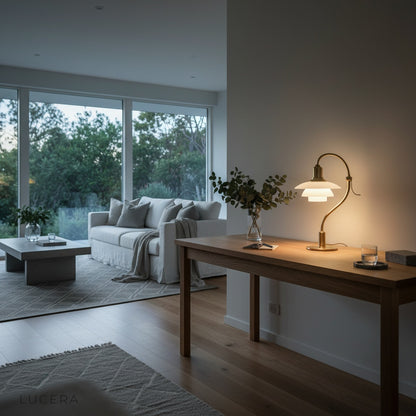 Jardin Table Lamp studio side angle highlighting layered frosted glass diffusers and curved metal arm