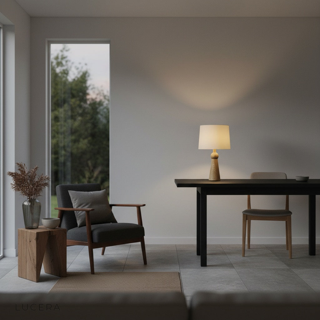 Rhapsody Table Lamp with warm glow on bedside table in Scandinavian bedroom