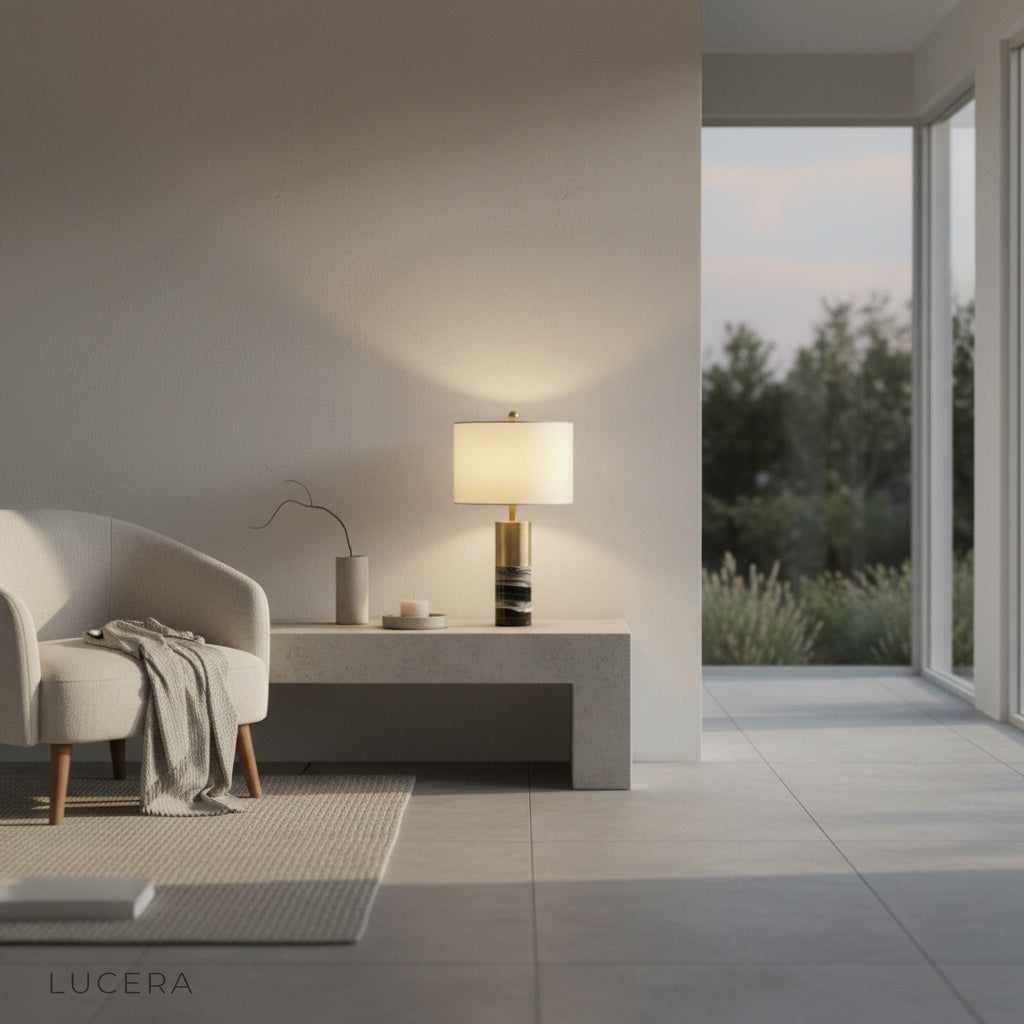 Essere Table Lamp in cozy reading corner with armchair and floor lamp, warm evening atmosphere
