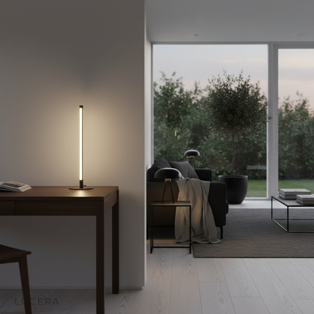 Pascal Table Lamp on a wooden console table in a Scandinavian living room, daytime