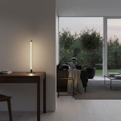 Pascal Table Lamp on a wooden console table in a Scandinavian living room, daytime