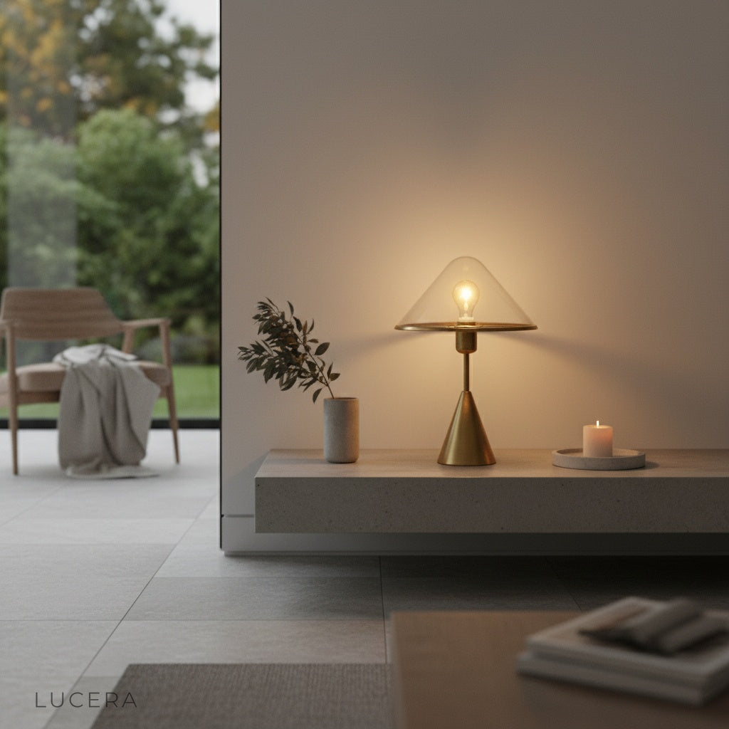 Manganese blue table lamp on minimalist desk with books and ceramic vase