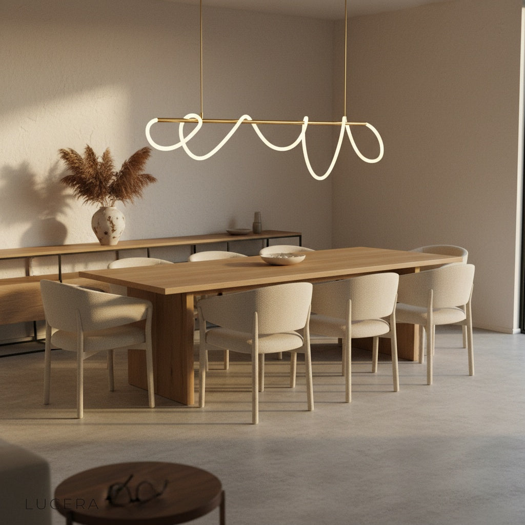 cable chandelier with twisted LED tube above cozy reading corner at night