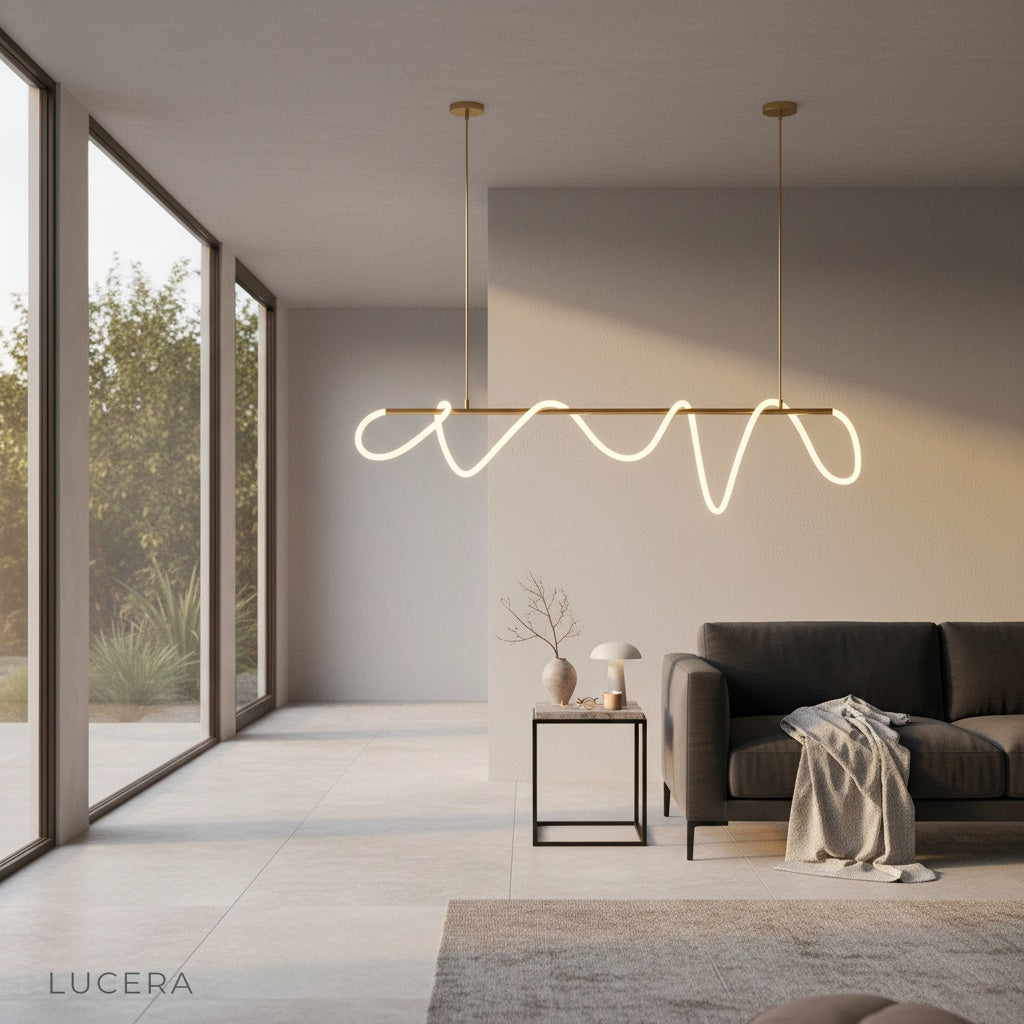 sculptural black cable chandelier in minimalist bedroom with soft shadows