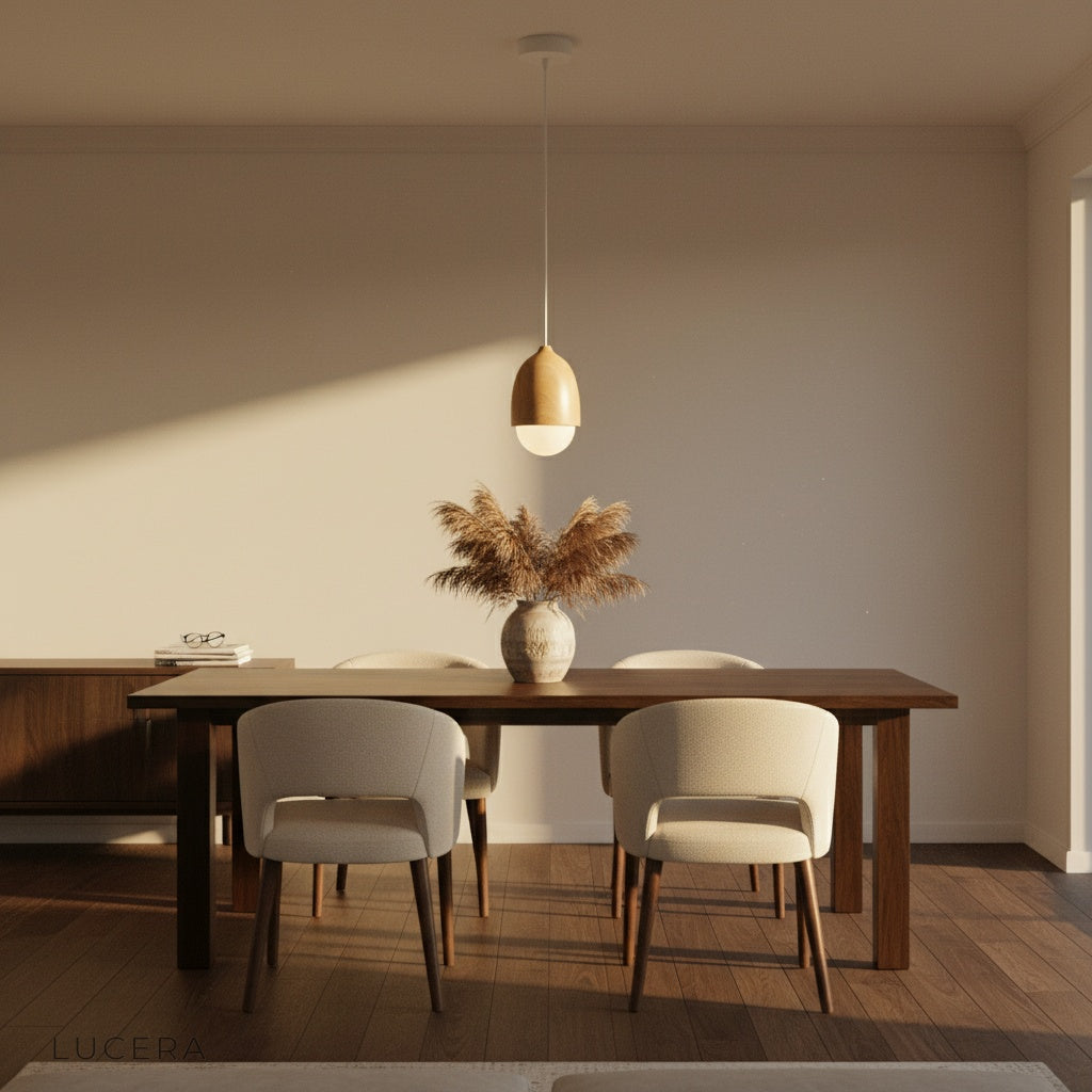 wood-look pendant light above a breakfast bar with stools and soft morning sunlight