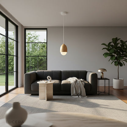 Holly pendant light in a minimalist hallway with white walls and oak floor
