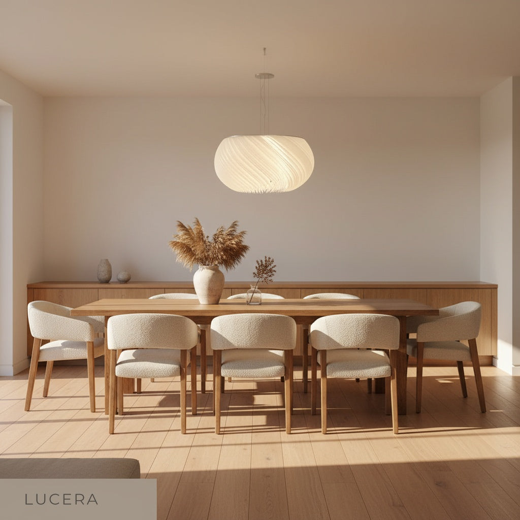 Theron chandelier over modern dining table with artful wavy silhouette in focus