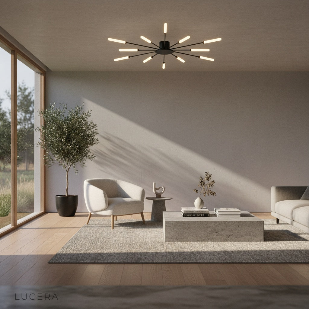 Karma chandelier in luxury hotel-style lounge with velvet chairs and warm accent lighting