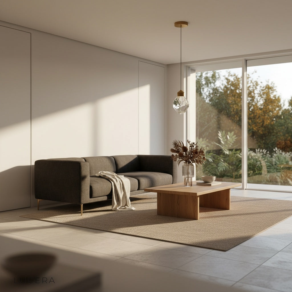close-up of crystal details on lambrequin pendant light showing transparent facets