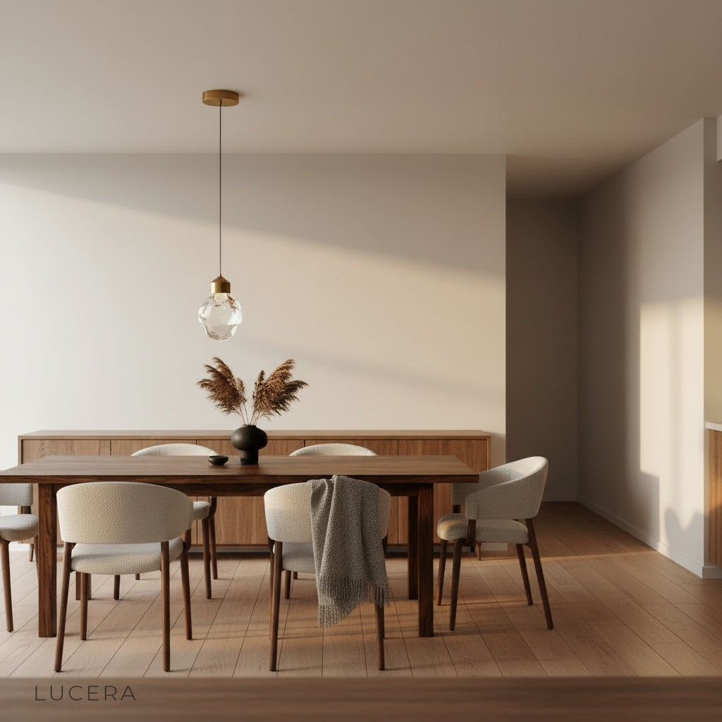 lambrequin pendant light with warm ambient glow in cozy bedroom corner