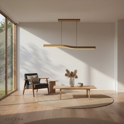 minimalist Tenebrous pendant light front view highlighting adjustable wire and wood texture