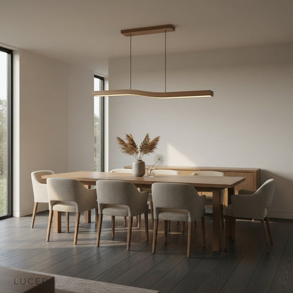 close-up detail of Tenebrous pendant light wood-grain finish and built-in LED strip