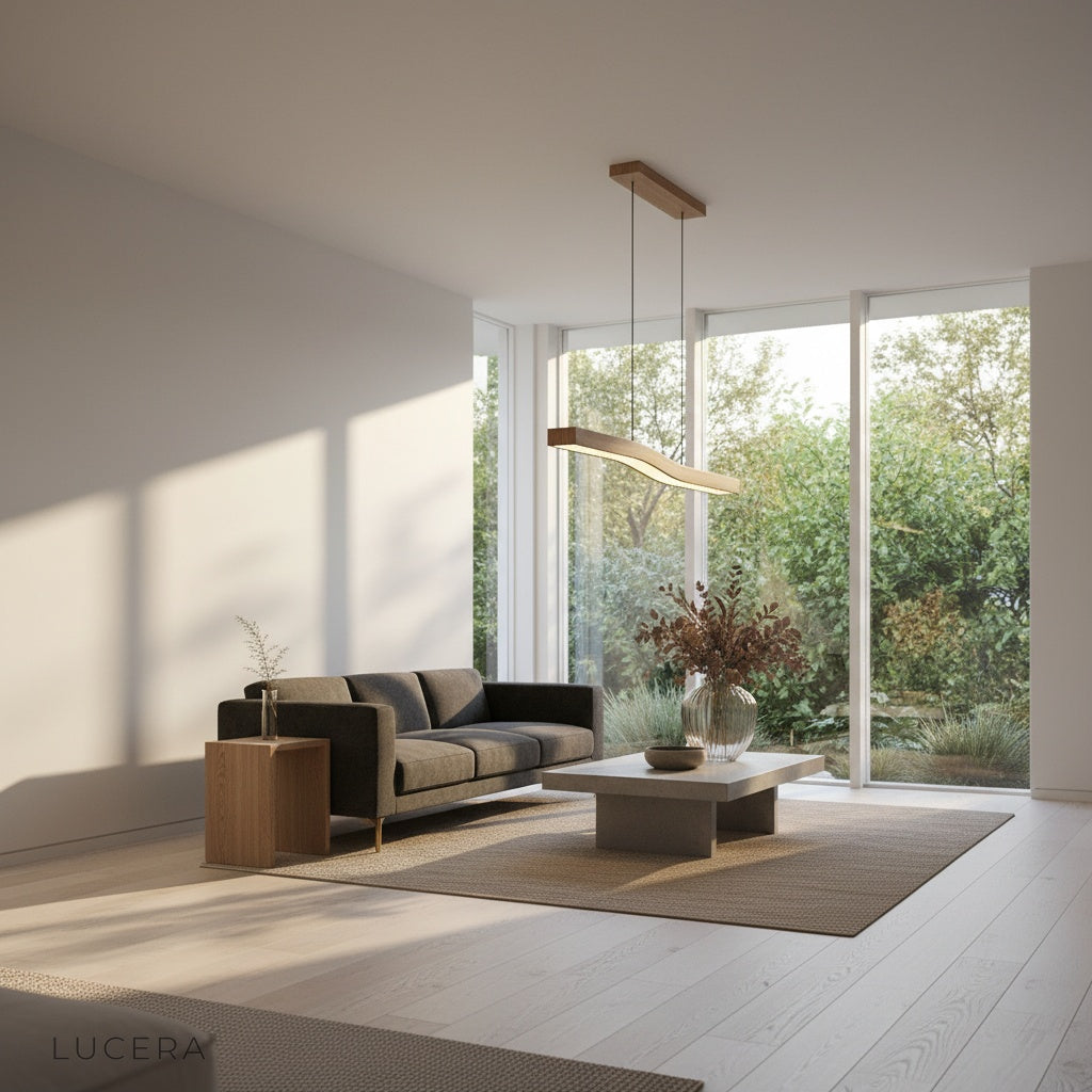 Tenebrous pendant light in warm ambient glow above a dining table with natural decor
